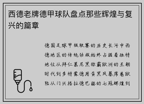 西德老牌德甲球队盘点那些辉煌与复兴的篇章